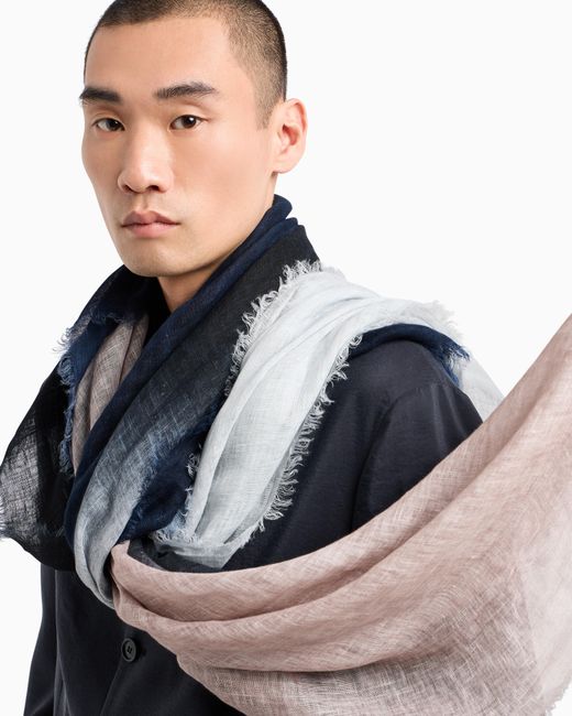 Giorgio Armani Blue Linen Stole With A Gradient Print for men