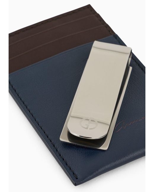Giorgio Armani Blue Two-tone Leather Credit Card Holder With Money Clip for men