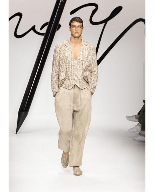 Giorgio Armani Natural Single-breasted Jacket In A Woven Print Linen for men