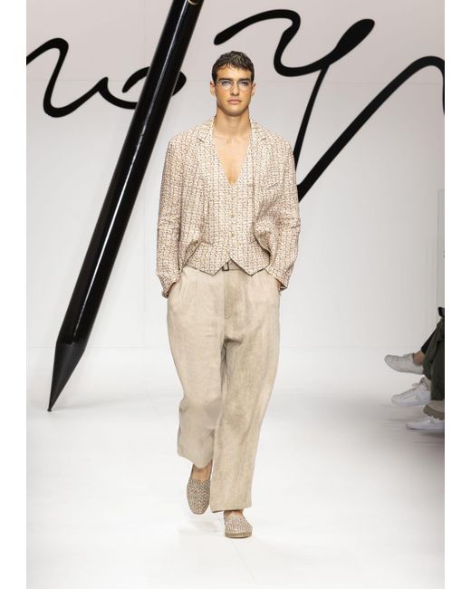 Giorgio Armani Natural Single-breasted Waistcoat In A Woven Print Linen for men