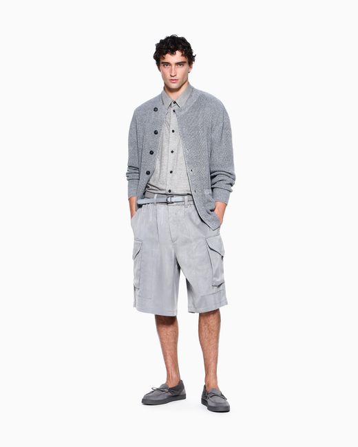 Giorgio Armani Blue Cardigan Regular Fit Ribbed Linen Cotton Cashmere Silk for men