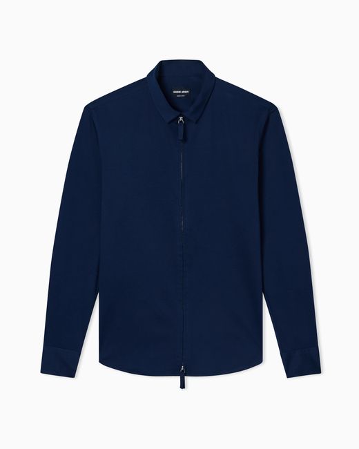 Giorgio Armani Blue Zip-Up Cotton Jersey Shirt With Snap-Button Cuffs for men