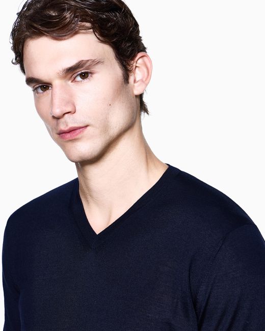 Giorgio Armani Blue Virgin Wool Crew Neck Sweater With Ribbed Trims for men
