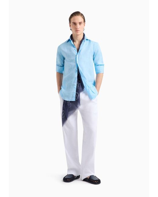 Camicia Regular Fit In Lino di Giorgio Armani in Blue da Uomo