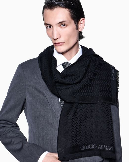 Giorgio Armani Black Jacquard Virgin-Wool Scarf for men