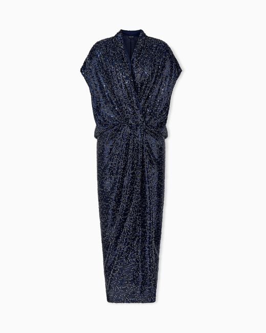 Giorgio Armani Blue Embroidered Dress With Dropped Shoulders And Sequin Beads