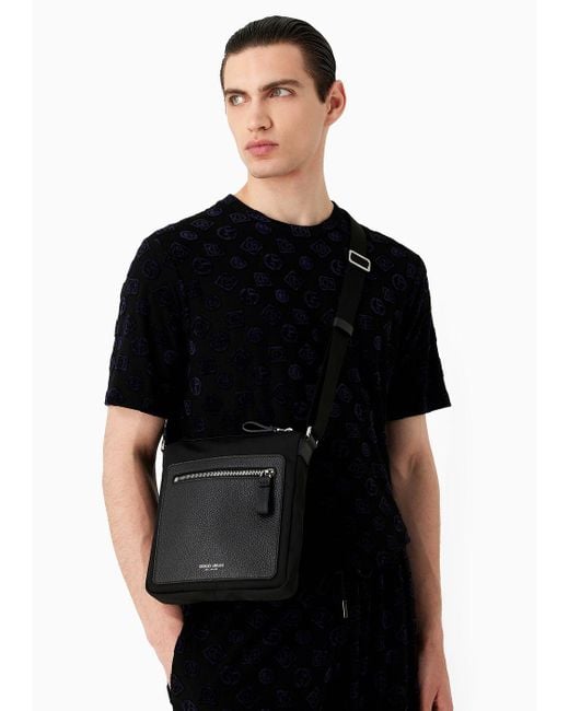 Giorgio Armani Black Asv Nylon And Pebbled Leather Crossbody Bag for men