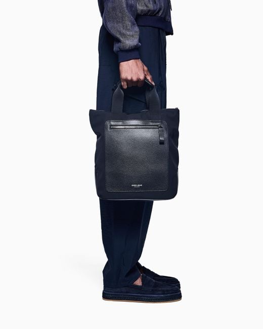 Bolso Shopper Pequeño De Nailon Reciclado Y Cuero Plena Flor Giorgio Armani de hombre de color Black