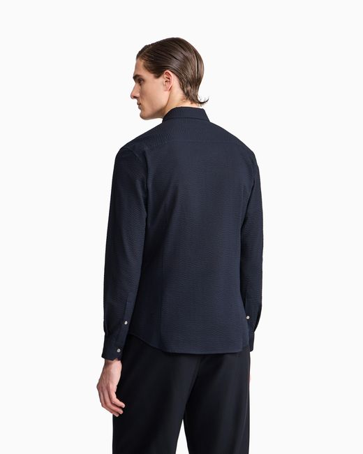 Giorgio Armani Blue Zipped, Cotton-Seersucker Shirt for men