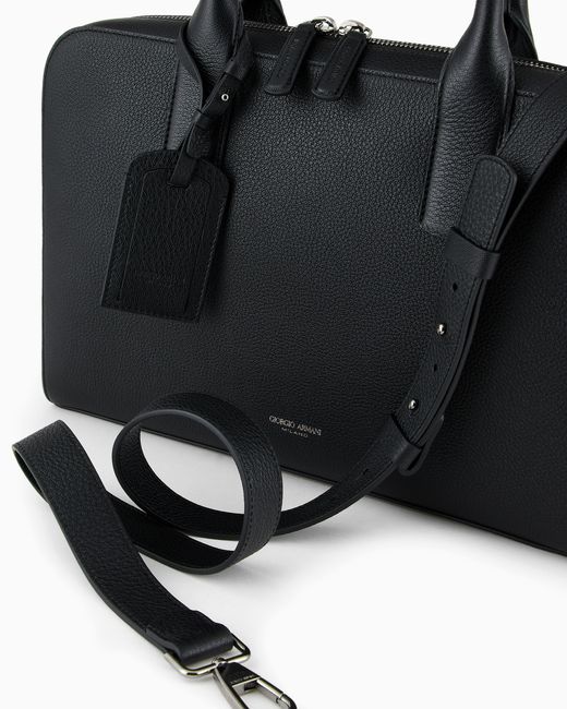 Giorgio Armani Black Pebbled Leather Briefcase for men