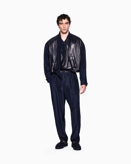Giorgio Armani Blue Blouson Jacket Oversized Fit Leather With Silk Lining for men