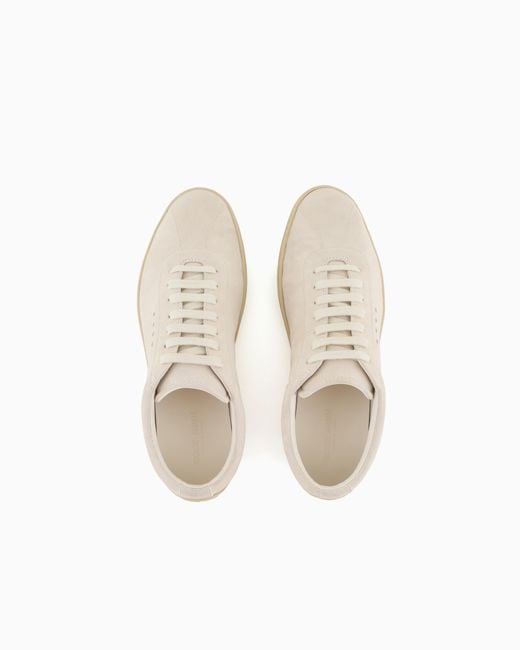Giorgio Armani White Low-Top Suede Lace-Up Sneakers With Rubber Sole for men