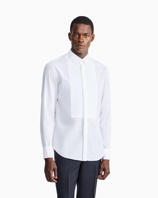 Giorgio Armani White Cotton Tuxedo Shirt With Pleated Detail for men