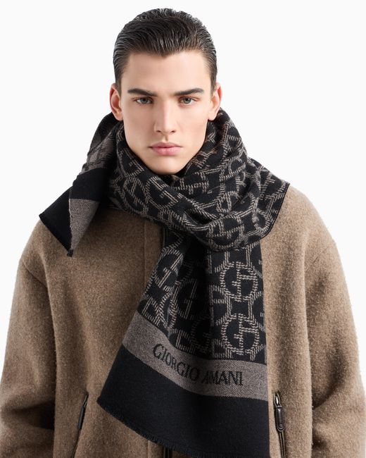 Giorgio Armani Black Wool Scarf With Jacquard Monogram for men