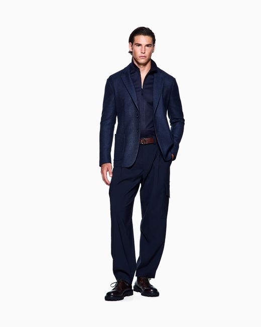 Giorgio Armani Blue Slim Fit Interlock Cotton Shirt With Full Zip Closure for men