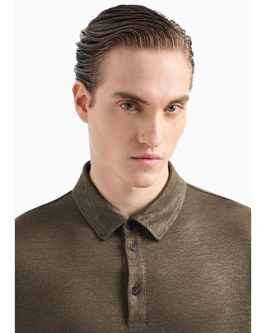 Giorgio Armani Green Short-sleeved Polo Shirt In Pure Linen Jersey for men