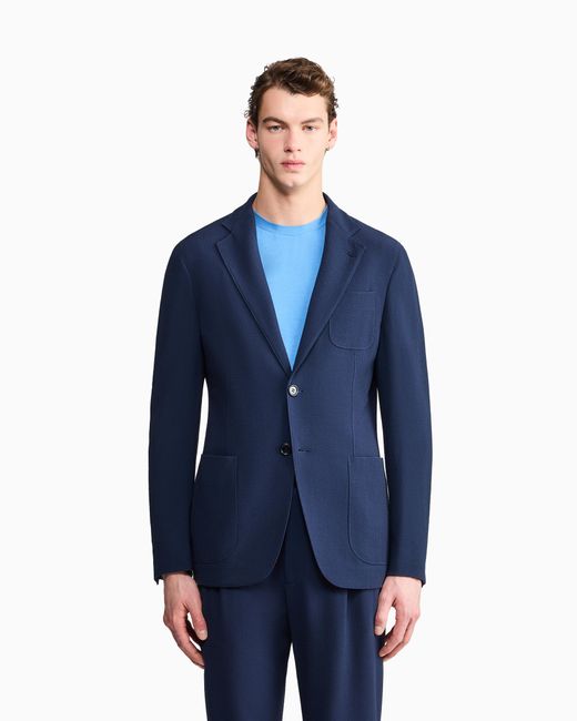 Giorgio Armani Blue Single-Breasted Virgin Wool Seersucker Jacket for men