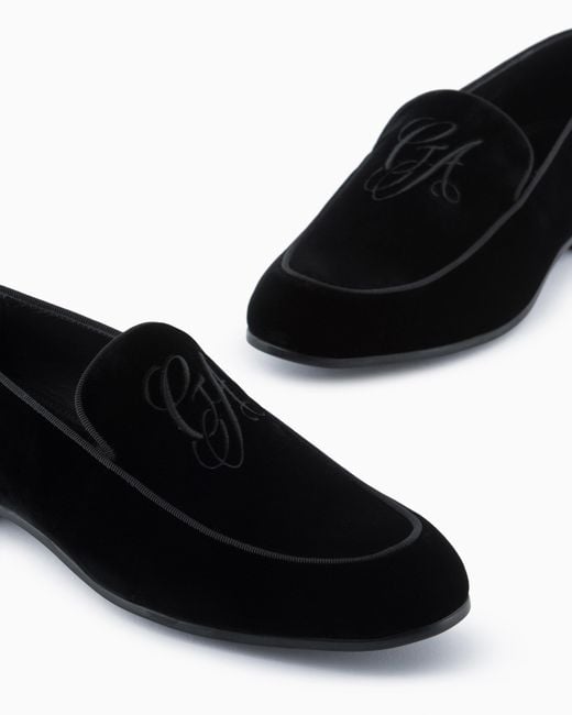 Giorgio Armani White Velvet Loafers With Embroidered Logo for men