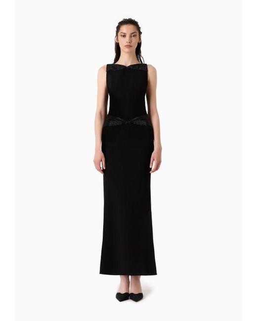 Giorgio Armani Black Long Dress In Silk Cady With Rhinestone Details