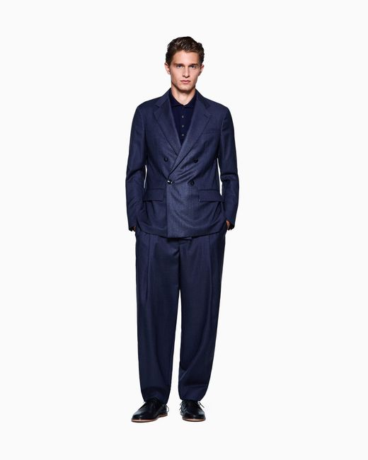 Giorgio Armani Blue Double-Breasted Denim-Effect Wool Suit for men