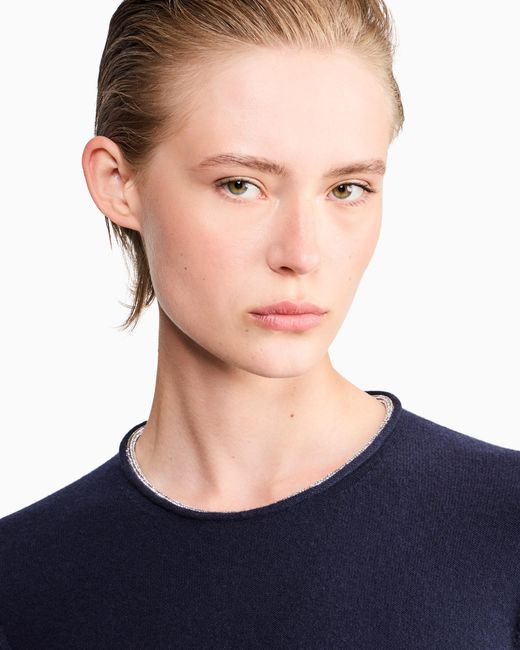 Giorgio Armani Blue Sweater Cashmere Microcrystals Trim Short-Sleeve