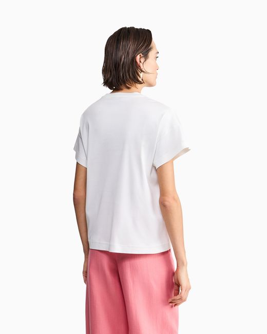 Giorgio Armani White Silk And Cotton Interlock T-Shirt With Coral Embroidery