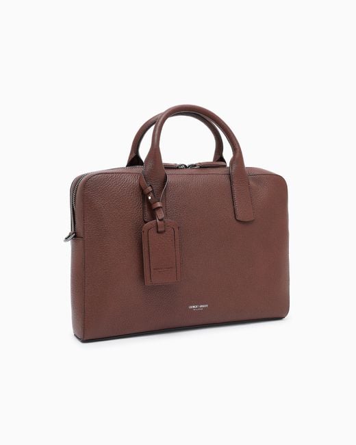 Giorgio Armani Brown Pebbled Leather Briefcase for men