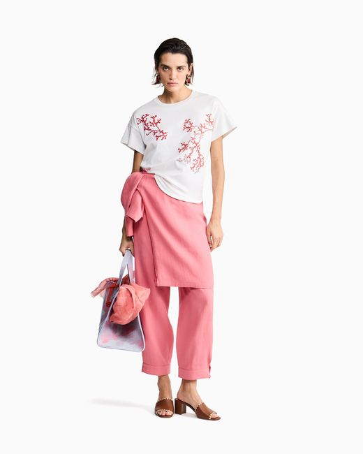 Giorgio Armani White Silk And Cotton Interlock T-Shirt With Coral Embroidery