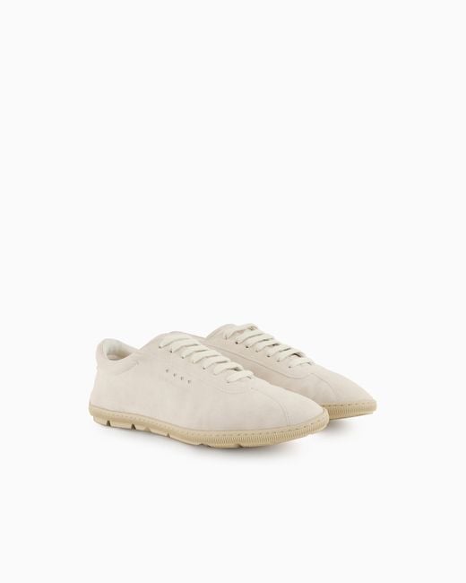 Giorgio Armani White Low-Top Suede Lace-Up Sneakers With Rubber Sole for men