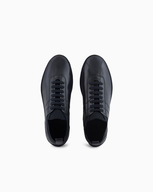 Giorgio Armani Blue Leather Sneaker With Knit Detail And Foldable Upper for men