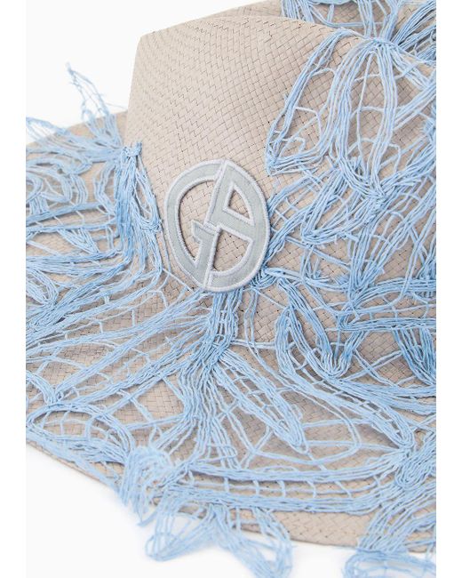 Giorgio Armani Blue Wide-brimmed Hat In Paper Yarn With Embroidery