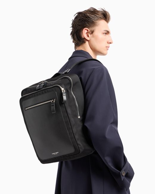 Giorgio Armani Black Nylon And Pebbled-Leather Backpack for men