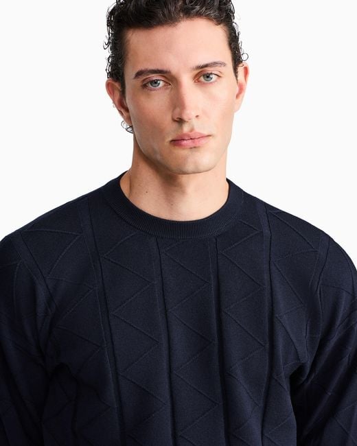 Giorgio Armani Blue Sweater Regular Fit Chevron Virgin Wool for men