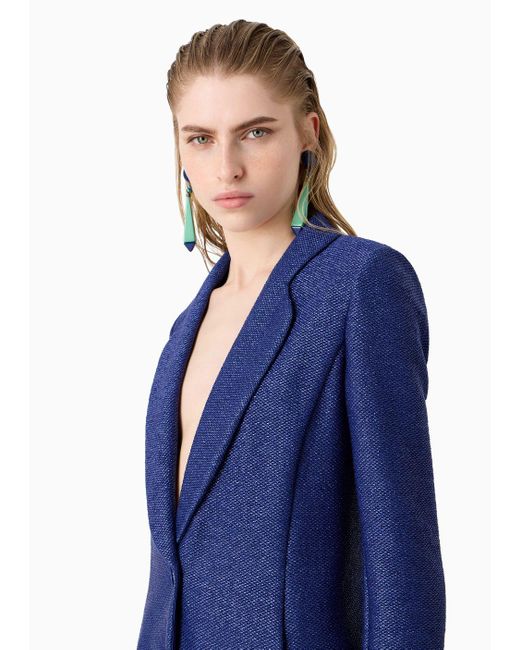 Giorgio Armani Blue Single-breasted Jacket In A Raffia-effect Jacquard Cotton-blend Jersey