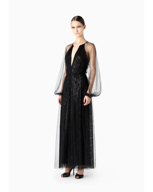 Giorgio Armani Black Silk And Tulle Long Dress With All-over Rhinestones