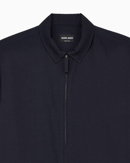 Giorgio Armani Blue Zipped, Cotton-Seersucker Shirt for men