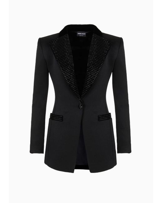 Giorgio Armani Black Single-breasted Jacket In Double Jersey And Velvet With Embroidery