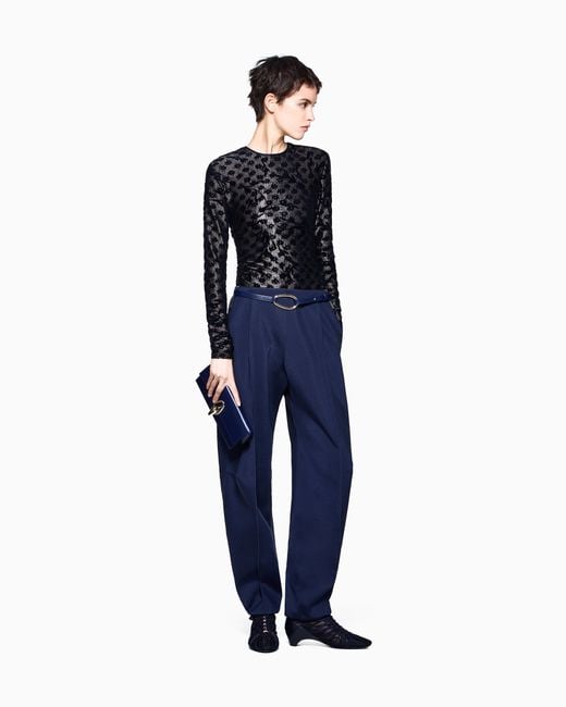 Giorgio Armani Blue Crew-Neck Jacquard Jersey Top With Geometric Floral Motif