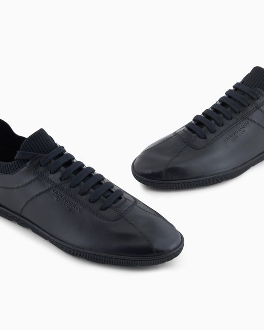 Giorgio Armani Blue Leather Sneaker With Knit Detail And Foldable Upper for men