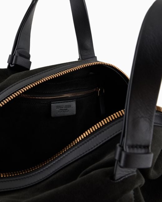 Giorgio Armani Black Suede Travel Duffel Bag With Leather Handles And Zipper for men