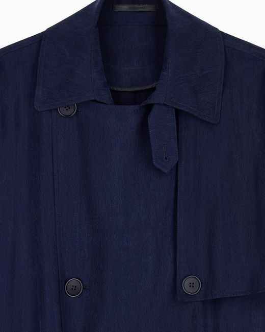 Giorgio Armani Blue Double-Breasted Washed Cupro Coat With A Belt Icon for men