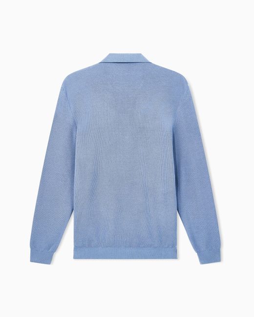 Giorgio Armani Blue Knit Polo Regular Fit Honeycomb Stitch Virgin Wool for men