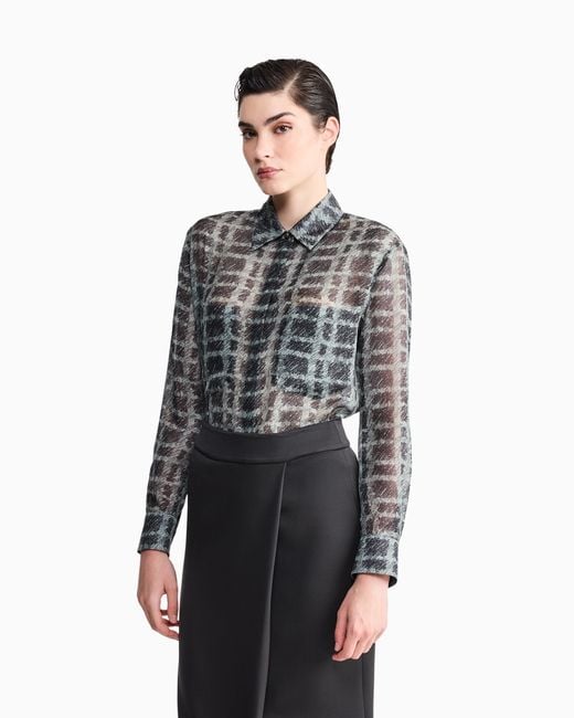 Giorgio Armani Blue Shirt Regular Fit Check Silk Chiffon With Patch Pockets