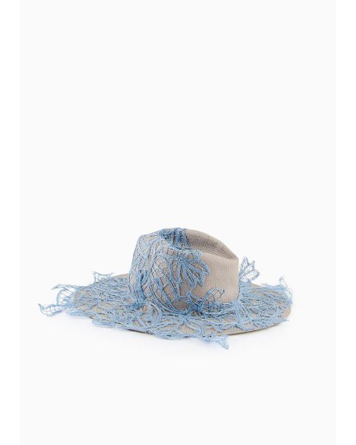 Giorgio Armani Blue Wide-brimmed Hat In Paper Yarn With Embroidery