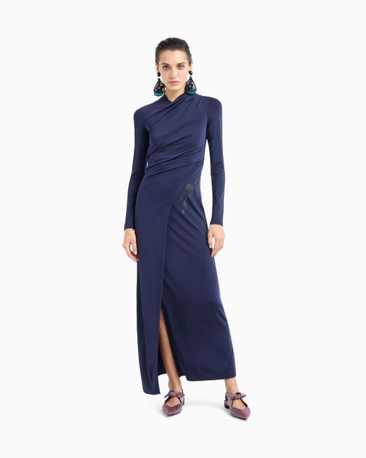 Vestido Largo De Punto Elástico De Viscosa Con Strass Giorgio Armani de color Blue