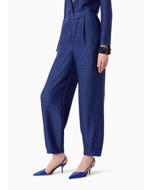 Giorgio Armani Blue Trousers In A Raffia-effect Jacquard Cotton Blend Jersey