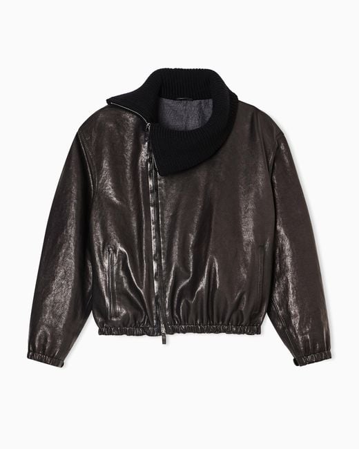 Giorgio Armani Black Nappa Leather Bomber Jacket With Wool Collar for men