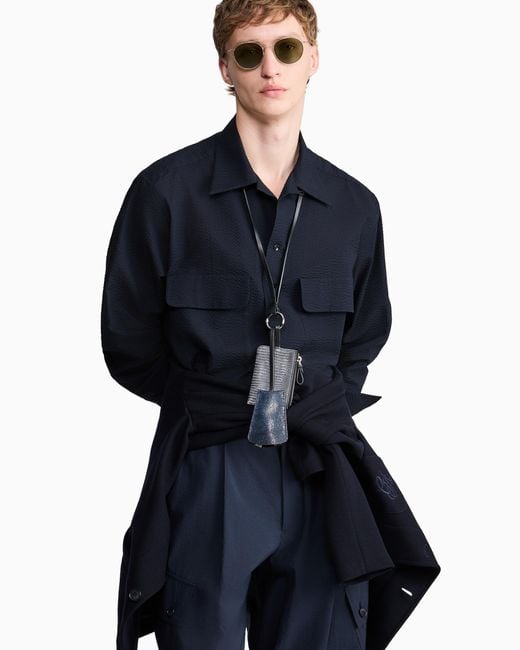Giorgio Armani Blue Cotton-Seersucker Shirt With Pockets for men