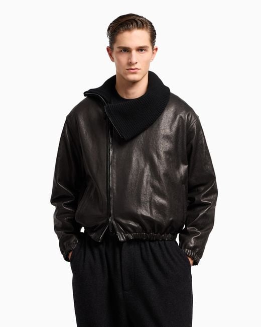 Giorgio Armani Black Nappa Leather Bomber Jacket With Wool Collar for men