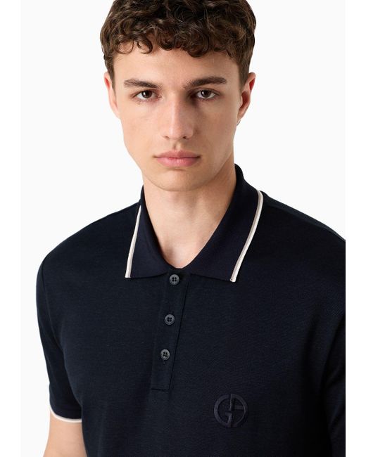 Giorgio Armani Black Short-sleeved Polo Shirt In Silk, Linen And Cotton Jersey for men
